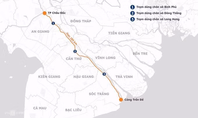 Vị trí 3 trạm dừng nghỉ được đề xuất trên cao tốc Châu Đốc - Cần Thơ - Sóc Trăng