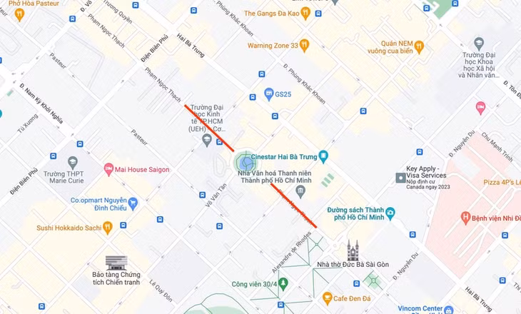 Đường Phạm Ngọc Thạch (Quận 1) đoạn qua Nhà Văn hóa Thanh niên TP.HCM. Ảnh: Google Maps.