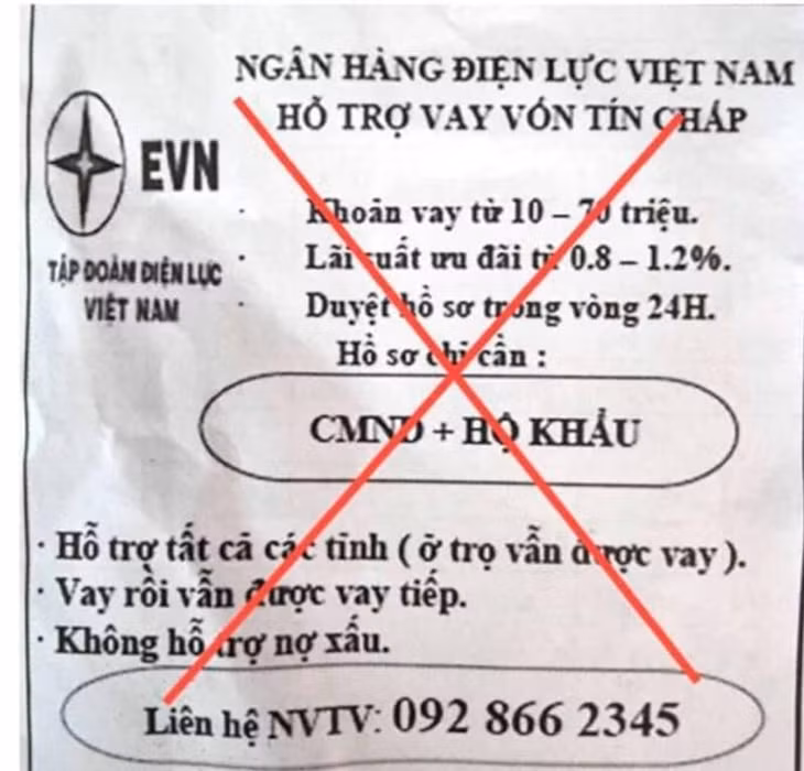 Tờ rơi "nhái" thương hiệu EVN, quảng cáo cho vay tín chấp Tờ rơi "nhái" thương hiệu EVN, quảng cáo cho vay tín chấp