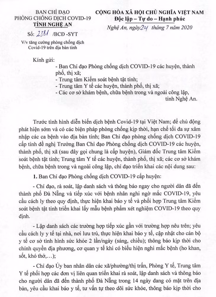 Văn bản của Ban chỉ đạo phòng chống dịch Covid-19 tỉnh Nghệ An