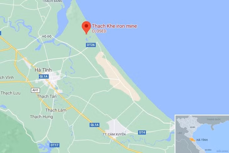 Mỏ sắt Thạch Khê, huyện Thạch Hà, Hà Tĩnh (chấm đỏ). Ảnh: Google Maps.