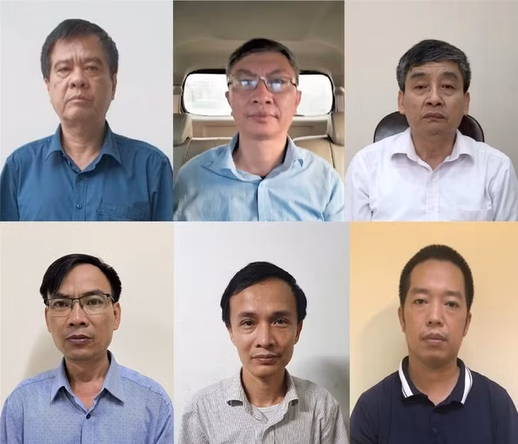 Từ trái qua phải, từ trên xuống dưới, 6 bị can gồm: Nguyễn Văn Kiên, Trịnh Mạnh Cường, Đinh Văn Hữu; Nguyễn Quang Tuyến, Võ Thúc Chính, Mai Thanh An.