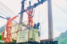 Cán bộ Điện lực Hạ Lang (Cao Bằng) tăng cường kiểm tra, sửa chữa, bảo dưỡng chống sét van cho trạm biến áp (ảnh: PC Cao Bằng)