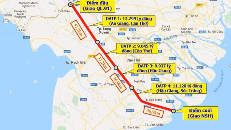 Dự án thành phần 1 cao tốc Châu Đốc - Cần Thơ - Sóc Trăng qua An Giang dài 57 km, có tổng mức đầu tư 13.799 tỷ đồng
