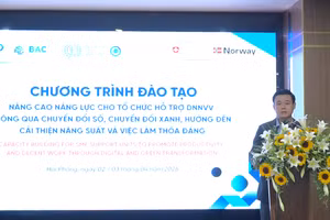Lãnh đạo Cục Phát triển doanh nghiệp tư nhân và Kinh tế tập thể phát biểu khai mạc khóa đào tạo Nâng cao năng lực cho tổ chức hỗ trợ DNNVV thông qua chuyển đổi số, chuyển đổi xanh, hướng đến cải thiện năng suất và việc làm thỏa đáng tổ chức tại TP. Hải Phòng