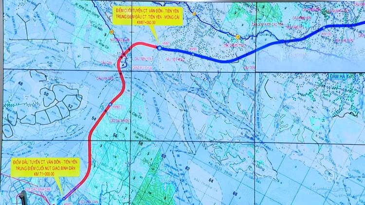 Hướng tuyến của cao tốc Vân Đồn - Tiên Yên (màu đỏ).