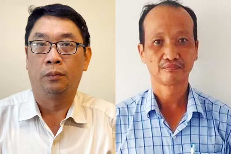 Ông Đinh Minh Hiệp (trái) và Nguyễn Chí Thân tại cơ quan điều tra