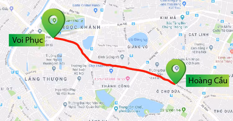 Bản đồ chi tiết 2,2 km Hoàng Cầu - Voi Phục chuẩn bị được thi công mở rộng. Ảnh: Google Maps.
