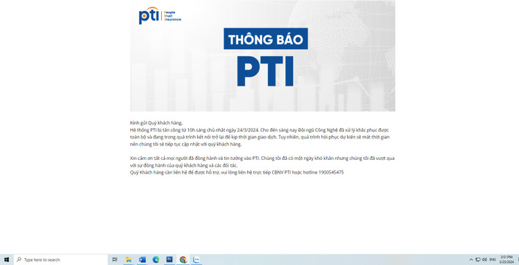 Đến chiều 25/3, website của Bảo hiểm PTI vẫn chưa đăng nhập và treo Thông báo của PTI 