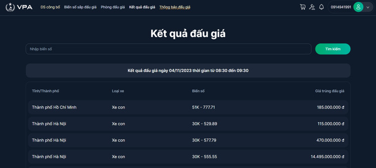 Kết quả đấu giá ngày 04/11/2023 thời gian từ 08:30 đến 09:30