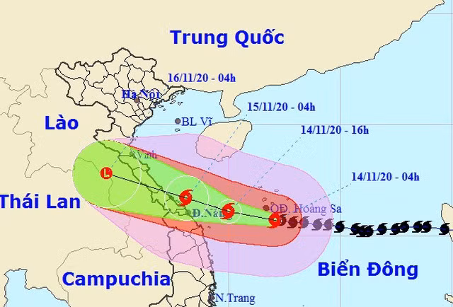 Vị trí và hướng di chuyển của bão số 13. Ảnh: NCHMF