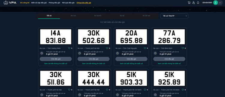 Danh sách biển số chờ đấu giá