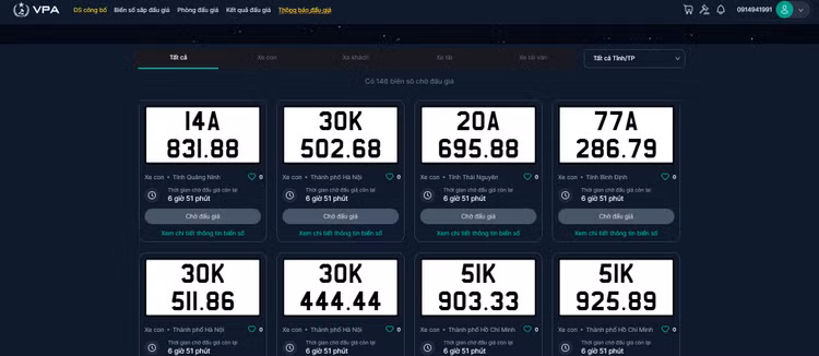 Danh sách biển số chờ đấu giá