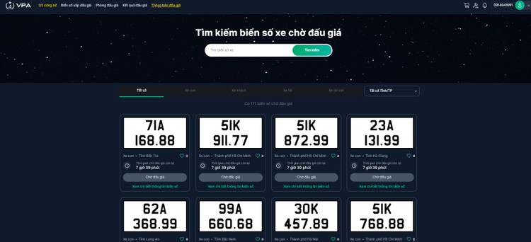 Danh sách biển số chờ đấu giá