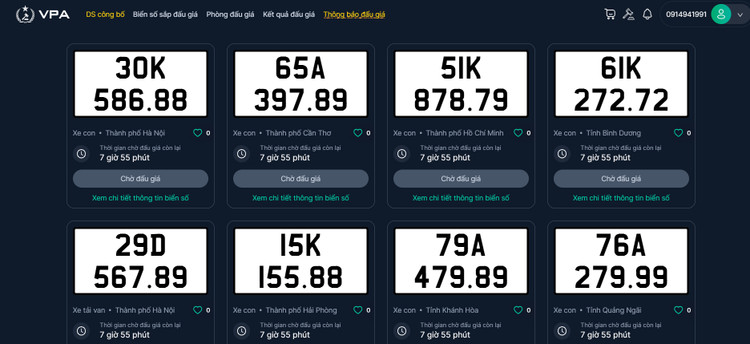 Danh sách biển số chờ đấu giá