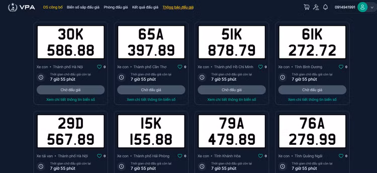 Danh sách biển số chờ đấu giá