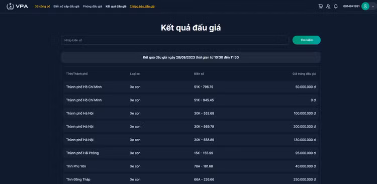 Kết quả đấu giá ngày 28/09/2023 thời gian từ 10:30 đến 11:30