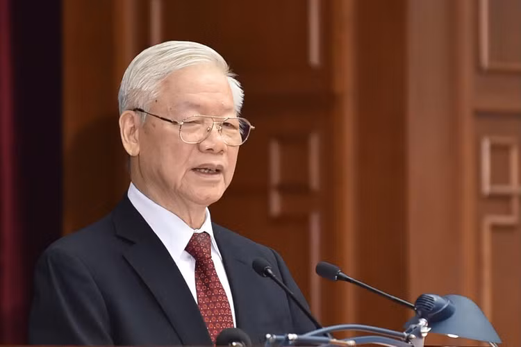 Tổng Bí thư Nguyễn Phú Trọng đề nghị Hội nghị thảo luận, đánh giá một cách khách quan, toàn diện tình hình phòng, chống dịch bệnh, phát triển kinh tế-xã hội 9 tháng đầu năm, dự báo đến hết năm 2021. Ảnh: VGP