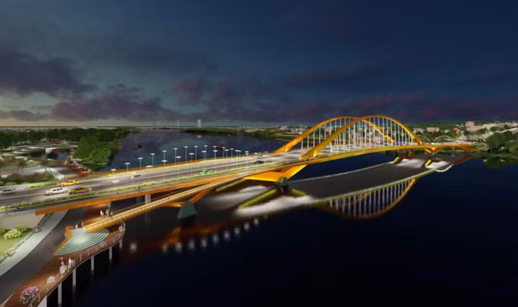 Phối cảnh vào ban đêm của cầu vượt sông Hương trên đường Nguyễn Hoàng . Ảnh: Sở GTVT