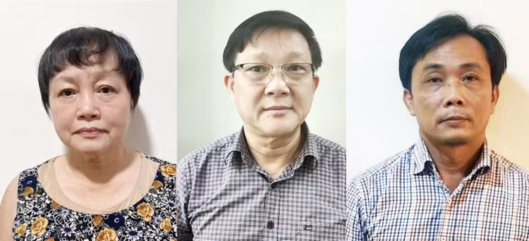 Các bị can (từ trái sang): Trần Thị Bình Minh, Phan Tất Thắng, Huỳnh Trọng Nghĩa