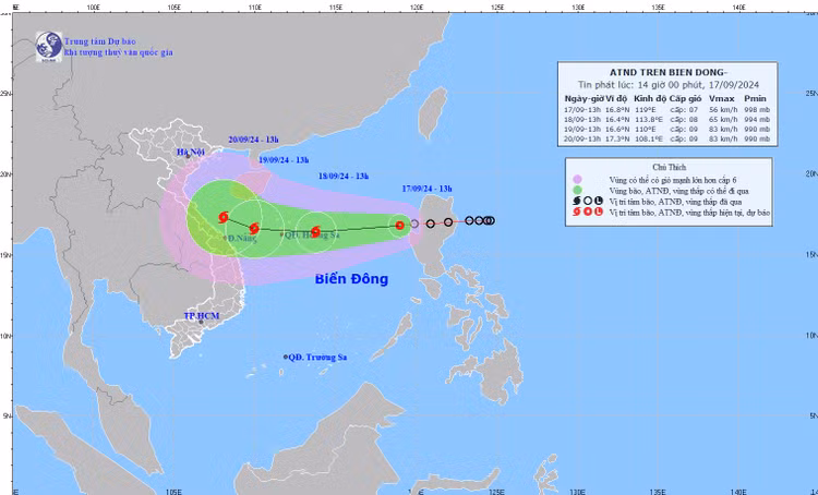 Dự báo vị trí và đường đi của áp thấp nhiệt đới. Ảnh: Trung tâm dự báo khí tượng thủy văn quốc gia