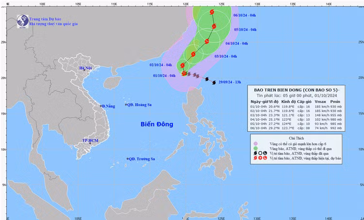 Hướng đi của cơn bão. Ảnh: Trung tâm Dự báo Khí tượng Thủy văn Quốc gia