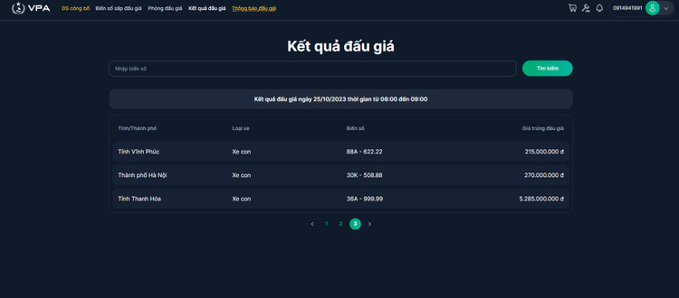 Kết quả đấu giá ngày 25/10/2023 thời gian từ 08:00 đến 09:00