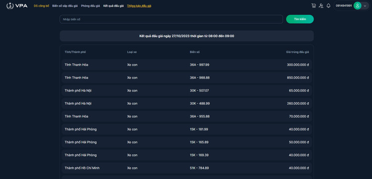 Kết quả đấu giá ngày 27/10/2023 thời gian từ 08:00 đến 09:00
