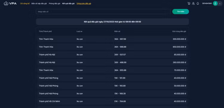 Kết quả đấu giá ngày 27/10/2023 thời gian từ 08:00 đến 09:00