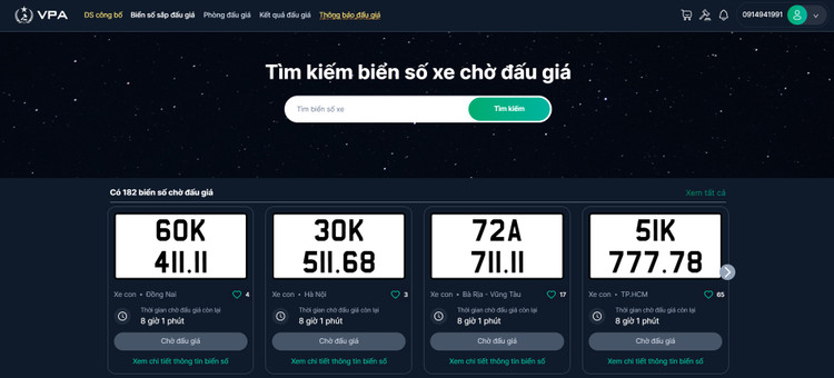 Danh sách biển số chờ đấu giá