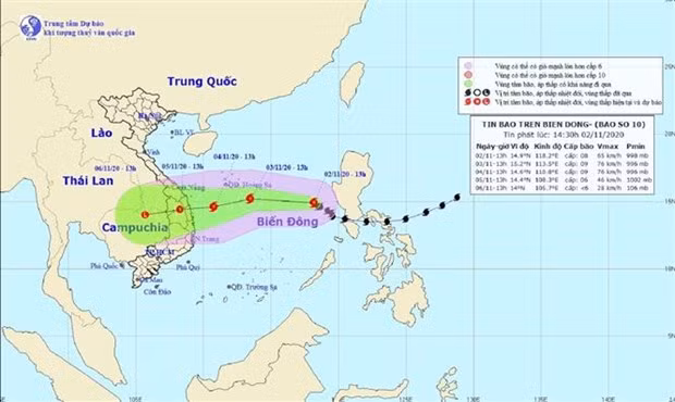Bản đồ đường đi của Bão số 10 trên biển Đông. Nguồn: TTXVN phát