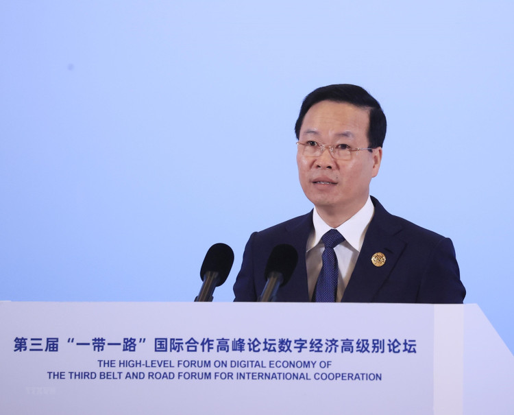 Chủ tịch nước Võ Văn Thưởng phát biểu tại Phiên họp Cấp cao với chủ đề “Kinh tế Số - Động lực mới của tăng trưởng.” Ảnh: TTXVN