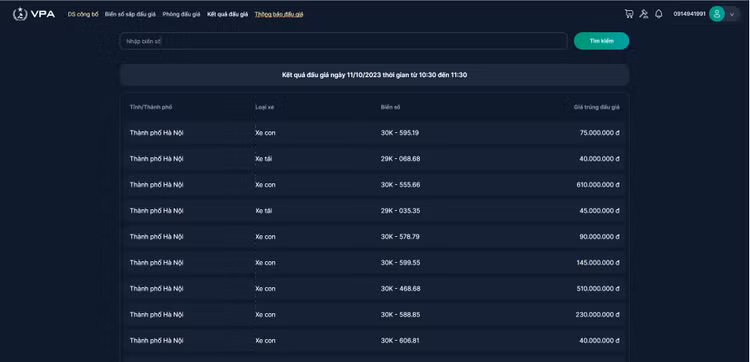 Kết quả đấu giá ngày 11/10/2023 thời gian từ 10:30 đến 11:30