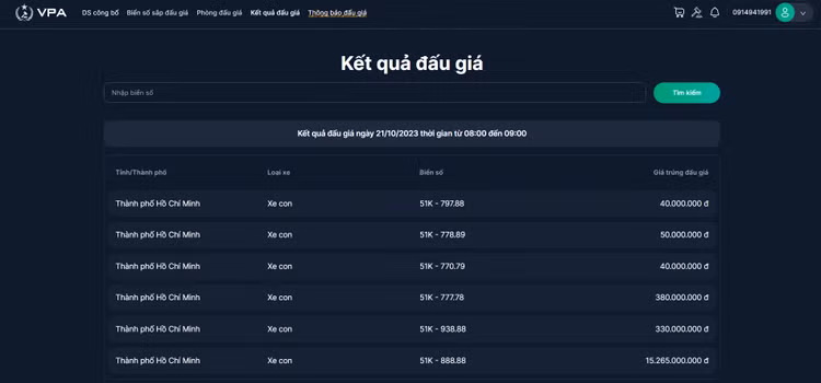 Kết quả đấu giá ngày 21/10/2023 thời gian từ 08:00 đến 09:00