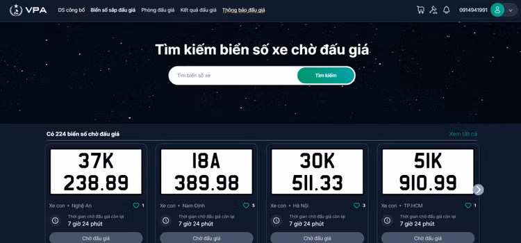 Danh sách biển số chờ đấu giá