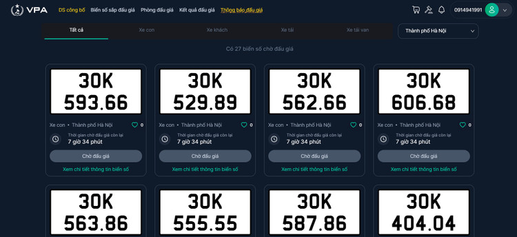 Danh sách biển số chờ đấu giá