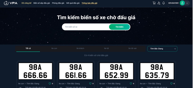 Danh sách biển số chờ đấu giá