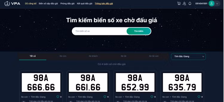 Danh sách biển số chờ đấu giá