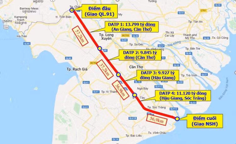 Cao tốc Châu Đốc - Cần Thơ - Sóc Trăng đi theo hướng trục ngang của vùng Đồng bằng sông Cửu Long, khi hoàn thành sẽ rút ngắn được thời gian di chuyển từ An Giang đến TPHCM.