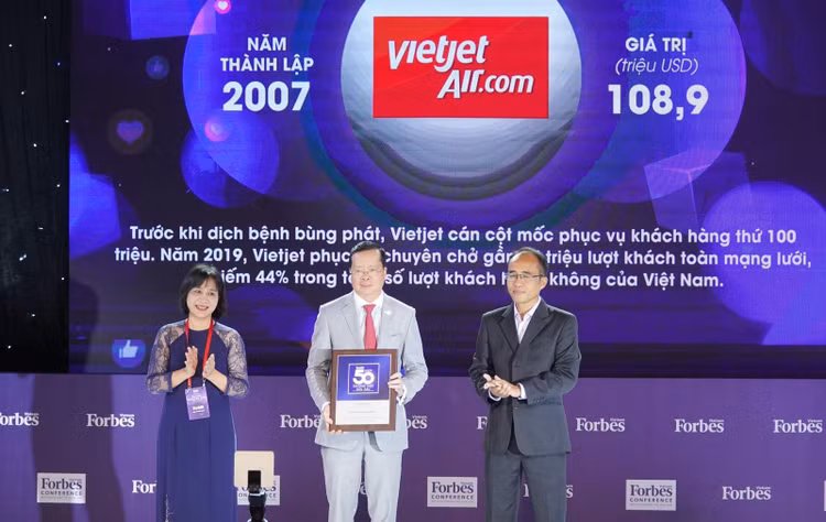 Đại diện lãnh đạo Vietjet nhận chứng nhận là một trong Top 50 Thương hiệu Việt Nam Dẫn đầu năm 2020