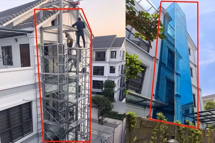 Một công trình vi phạm trong Khu đô thị Gamuda. Từ khi thi công (bên trái) người dân đã phản ánh nhưng đến nay thang được dựng lên (bên phải) vẫn chưa xử lý xong. Ảnh CN.