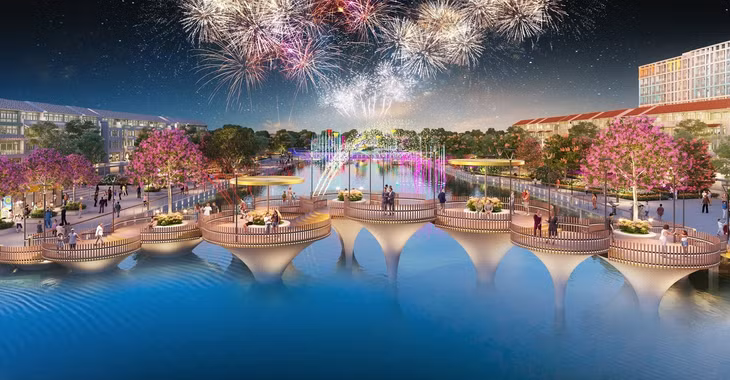 Trục đại lộ trở thành “sân khấu” cho show trình diễn nhạc nước đỉnh cao mỗi đêm. Ảnh phối cảnh minh họa Sun Property