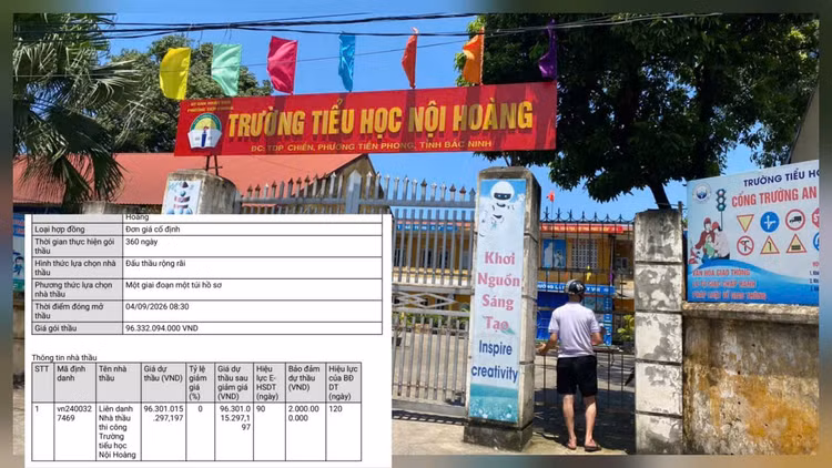 Gói thầu chỉ ghi nhận 1 nhà thầu tham dự là Liên danh Nhà thầu thi công Trường Tiểu học Nội Hoàng, do Công ty CP Đầu tư Xây dựng Hải Long đứng đầu với giá dự thầu 96,301 tỷ đồng, thấp hơn giá gói thầu khoảng 31 triệu đồng, tương đương tỷ lệ khoảng 0,032%. Ảnh: Ngọc Tuấn