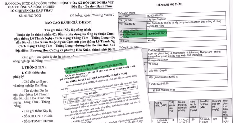 Báo cáo đánh giá HSDT của Tổ chuyên gia cho thấy “Thời gian đánh giá HSDT từ ngày 03/8/2026 đến 10/8/2026”. Tuy nhiên, cũng chính báo cáo này, tại phần thông tin mở thầu, xác định thời điểm hoàn thành mở thầu là 10 giờ 10 phút ngày 15/8/2026. Ảnh chụp hồ sơ: Ngọc Tuấn