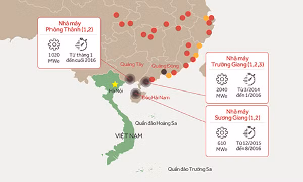 Vị trí ba nhà máy điện hạt nhân của Trung Quốc gần Việt Nam. Đồ họa: Tiến Thành.