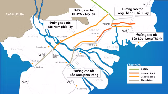 Sơ đồ kết nối các đường cao tốc phía Nam Đồ họa: V.Anh (báo Tuổi trẻ)