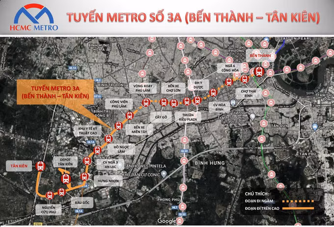 Tuyến đường sắt đô thị số 3A (Bến Thành - Tân Kiên) đi qua 8 quận, huyện của TP.HCM với chiều dài gần 20 km