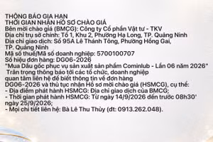 Công ty cổ phần Vật tư - TKV thông báo gia hạn thời gian nhận Hồ sơ chào giá cho đơn hàng DG06-2026 