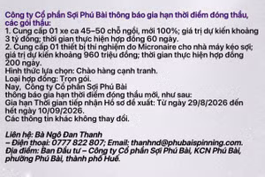 Công ty cổ phần Sợi Phú Bài thông báo gia hạn thời điểm đóng thầu 