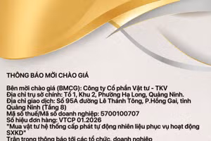 Công ty cổ phần Vật tư - TKV thông báo mời chào giá đơn hàng VTCP 01.2026 